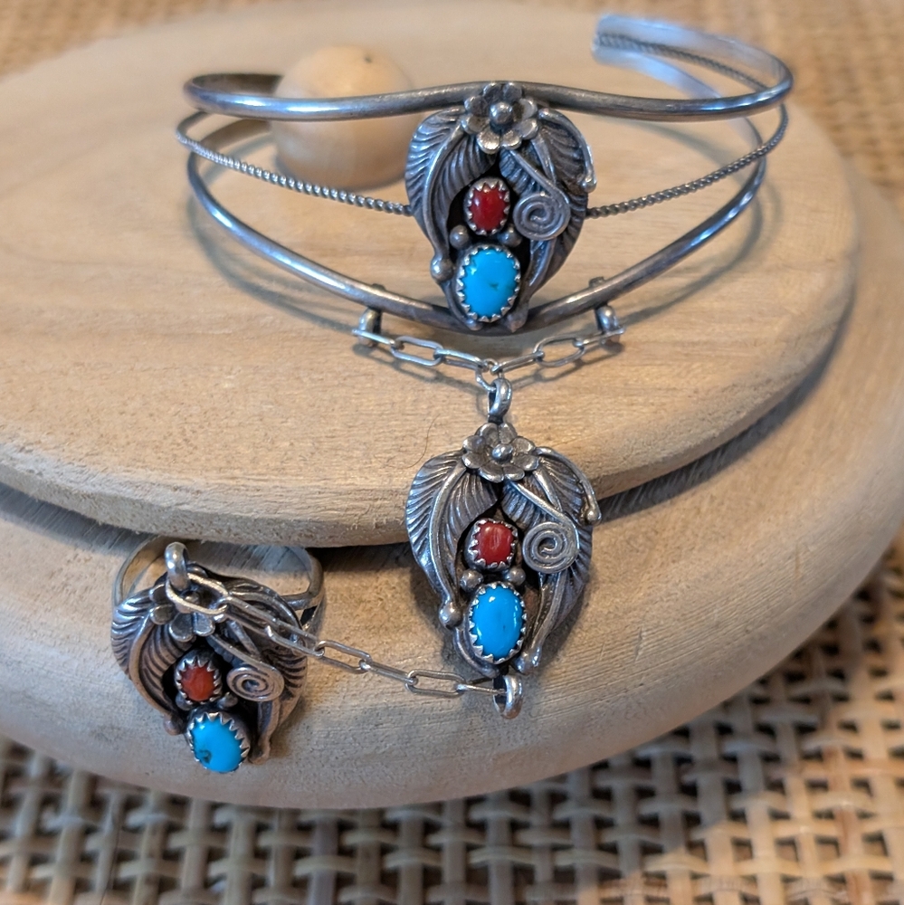 Navajo Sterling Silver Connected Cuff With Ring Center Set Turquoise Coral
